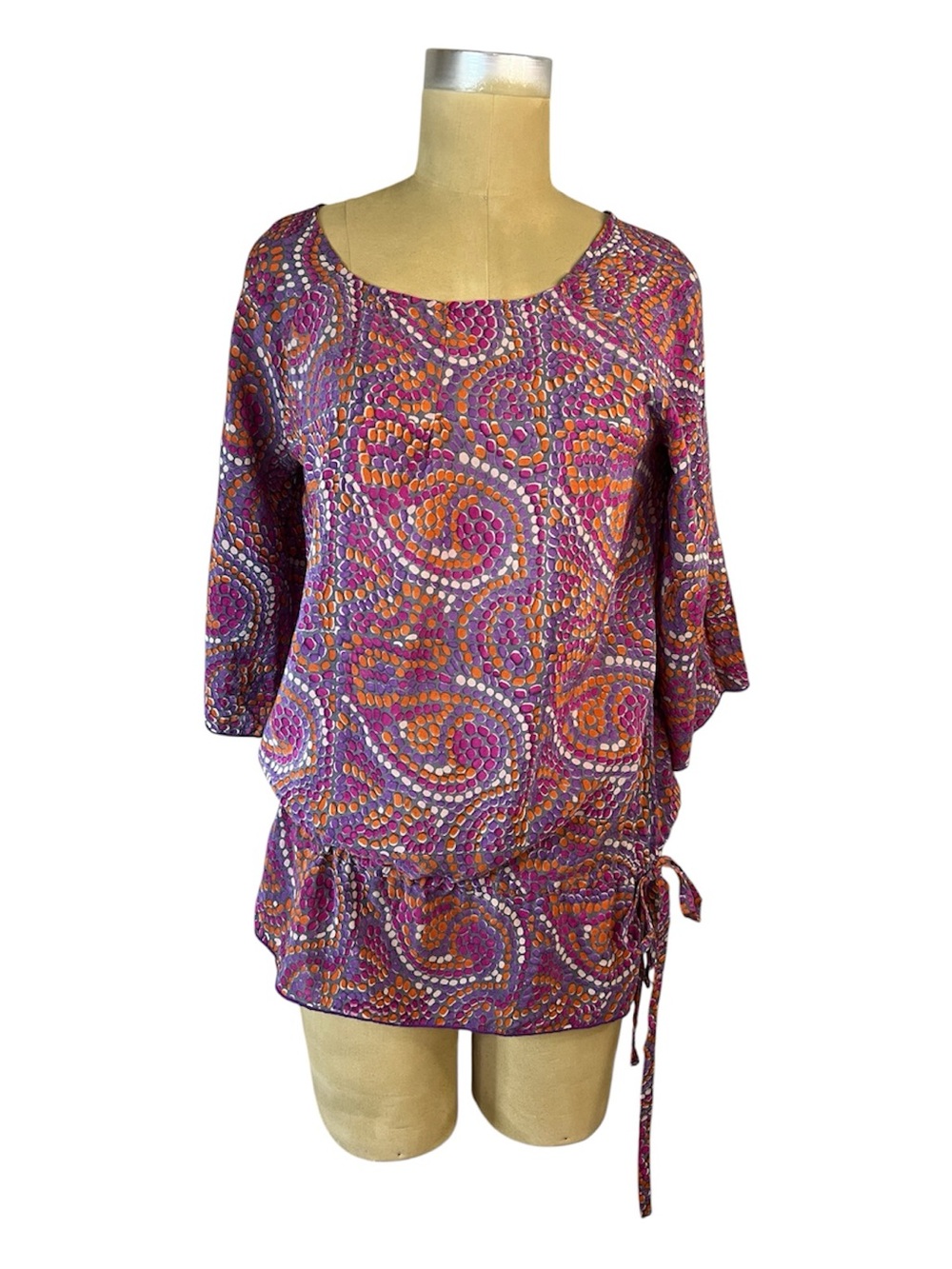 Tolani Sheer Silk Purple/multi Concentric Dot Drop Waist Tie-Hem Tunic